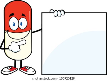 Pill Capsule Cartoon Mascot Character Showing A Blank Sign.