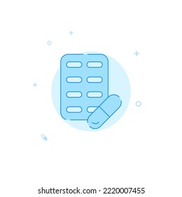 Pill Packaging Icon. Flat Illustration. Filled Line Style. Blue Monochrome Design.