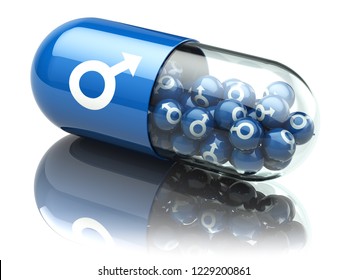 Pill for sex,  increase in potency and erection concept. Capsule with male symbol. Medication for erectile dysfunction. 3d Illustration