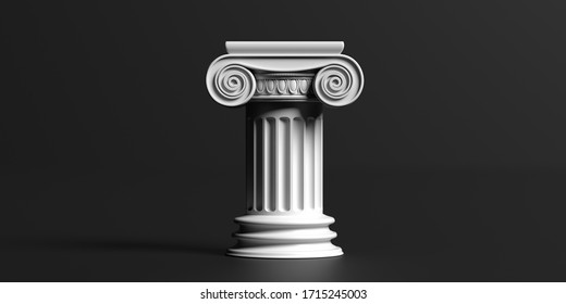Pillar column ancient greek white color stone marble, ionic style pedestal, against black background, copy space. Law, architecture theme template. 3d illustration