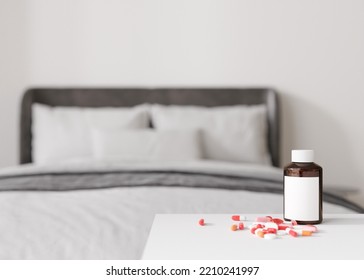 Pills And Blank Bottle On Table At Home. Medicines, Tablets. Sick To Be. Stay In Bed. Medical Bottle Mock Up. Illness, Disease, Health, Healthcare Concept. Copy Space For Your Text. 3D Illustration