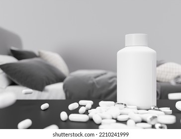 Pills And Blank Bottle On Table At Home. Medicines, Tablets. Sick To Be. Stay In Bed. Medical Bottle Mock Up. Illness, Disease, Health, Healthcare Concept. Copy Space For Your Text. 3D Illustration