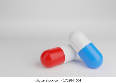 Pills Capsules On White Background, 3D Rendering Medical And Helth Care Background