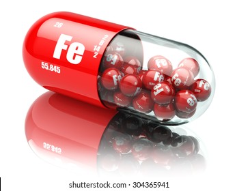Pills with iron FE element Dietary supplements. Vitamin capsules. 3d