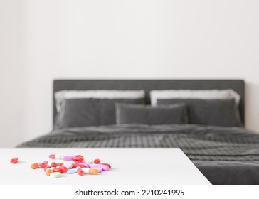 Pills On The Table At Home. Medicines, Tablets. Sick To Be. Stay In Bed. Illness, Disease, Health, Healthcare Concept. Problems With Insomnia, Cold Or Flu, Covid 19. Pain, Headache. 3D Illustration