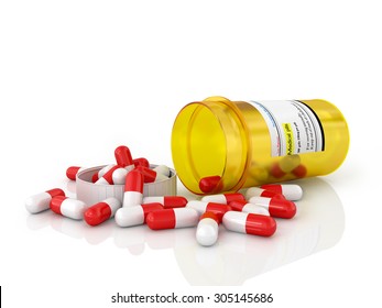 Pills Spilling Out Of Pill Bottle Isolated On White.