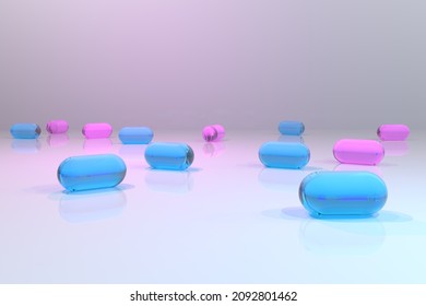The Pills transparent red and blue illustration 3D rendering. Background pills medication concept.