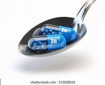 Pills With Zinc Zn Element In The Spoon. Dietary Supplements. Vitamin Capsules. 3d Illustration