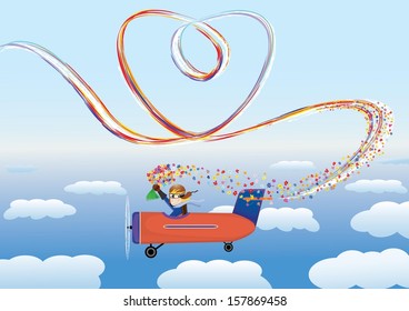 pilot sitting in airplane with bunch of flowers and sign of heart in the sky  - Powered by Shutterstock