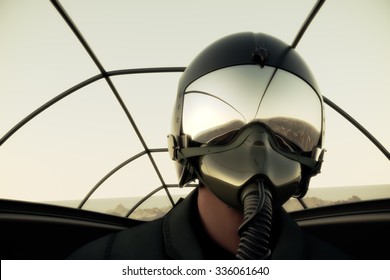  Pilot Wearing Mask And Helmet In Cockpit Of Fighter Jet. 