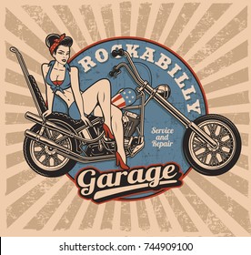Pin up girl on motorcycle, monochrome vintage illustration on white background. All elements, text are on the separate layer. (color version) (RASTER VERSION)