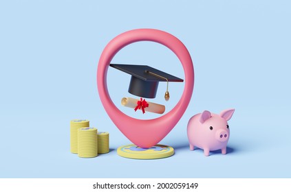 pin with hat graduation, money coins, diploma rolled, piggy bank saving isolated on blue background. investment education or scholarships concept, 3d illustration or 3d render