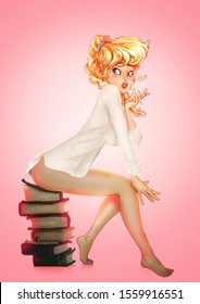 Pin Up Illustration Of A Woman Sitting On Pile Of Books