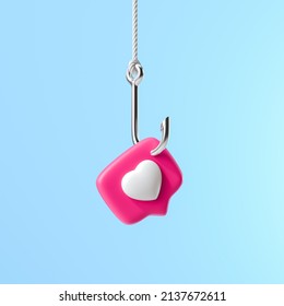 Pin Like with a heart on a hook. Social metaphor, revealing the concept of manipulation of opinion and greed. 3d render