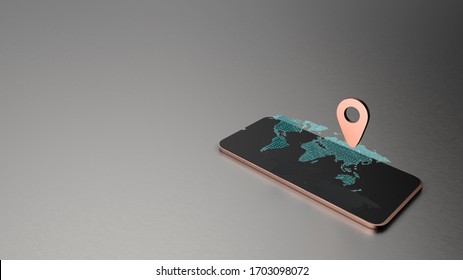 Pin tracker bronze on digital map above smart phone on silver bronze floor with 3d rendering include clipping path.