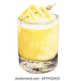 the Pina Colada cocktail garnished with pineapple slices as Egyptian pyramids shape. Watercolor illustration of yellow drink for tropical, travel promotions, party invitation, exotic beverage menu. - Powered by Shutterstock