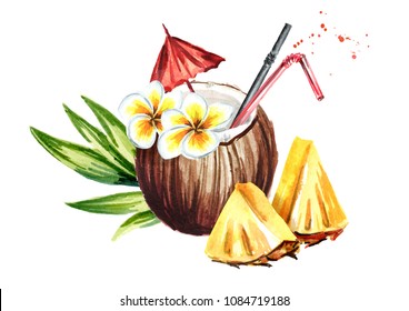 Pina Colada Cocktail. Watercolor Hand Drawn Illustration,  Isolated On White Background