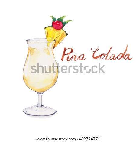 Pina colada. Cocktails , watercolor painting isolated on white background. 