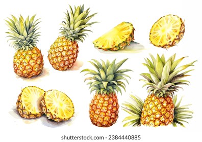 Pinapple set watercolor sketch. hand drawn pineapples  - Powered by Shutterstock