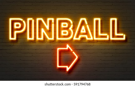 Pinball Neon Sign On Brick Wall Background