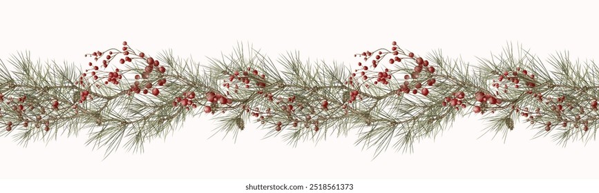 Pine branches in a horizontal seamless border. Watercolor illustration in digital style. Fir cones and green pine needles. Red winter berries isolated on a white background. Botanical illustration - Powered by Shutterstock