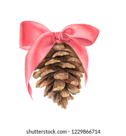 Pine Cone And Red Bow. Christmas Watercolor Illustration.