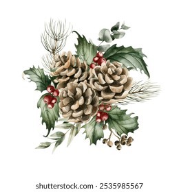 Pine cones with Holly Berry, leaves, Pine and Eucalyptus Branches. Arrangement, pinecones. Watercolor hand drawn isolated vintage floral illustration for Christmas winter design, cards, holiday prints - Powered by Shutterstock