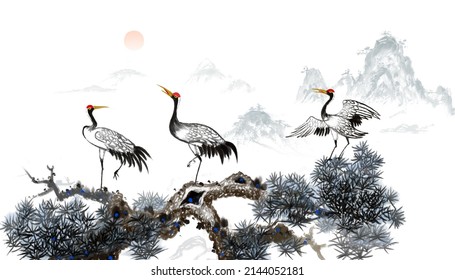Pine Crane  Year-end Chinese Ink Painting
