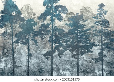 pine forest oil painting. design for murals and wallpapers