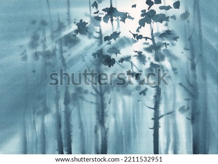 Pine tree forest in the mist watercolor background. One color autumn illustration