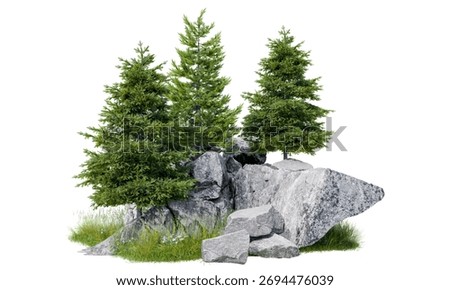 pine tree group on small rock mountain isolated on white backgfround with clipping path ,3d illustration rendering 