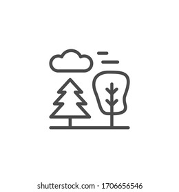 Pine And Tree Line Outline Icon Isolated On White. Woodland Ecology. Evergreen Plant