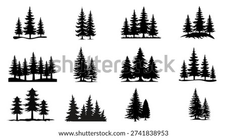 Pine tree silhouette set featuring evergreen forest landscapes and individual fir tree shapes. Ideal for outdoor branding, camping designs, nature logos, mountain graphics, Christmas themes, wilderness posters, environmental projects, and landscape illustrations.