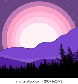 Pine Trees In The Forest Sillhouette Night Time Illustration