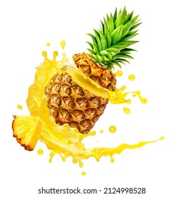 Pineapple, Ananas Comosus, fresh delicious ripe pineapple, whole cut exotic fruit, liquid juice splash wave on white. Contains vitamins, minerals, manganese, bromelain. Package, label illustration, 3D