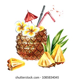 Pineapple Cocktail With Pineapple Slices. Watercolor Hand Drawn Illustration  Isolated On White Background