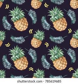 Pineapple and greem foliage. Tropical theme Seamless pattern with watercolor hand drawn illustration