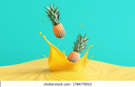 Pineapple Juice Splash. Fresh Fruit. 3d Illustration