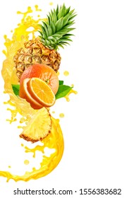 Pineapple Orange Fruit Juices Liquid 3D Splash Vitamin Mix. Healthy Fruits Juice Or Smoothie Splash Label Ad Banner Design With Orange, Pineapple Fruits And Citrus Juice Splash Wave Isolated On White