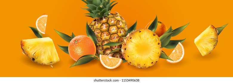 Pineapple and oranges on a orange background