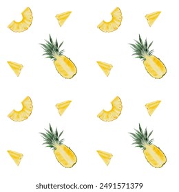 Pineapple pattern. Tropical fruit on isolated white background watercolor pattern. Food exotic illustration for menu design, tags and cosmetics packaging - Powered by Shutterstock