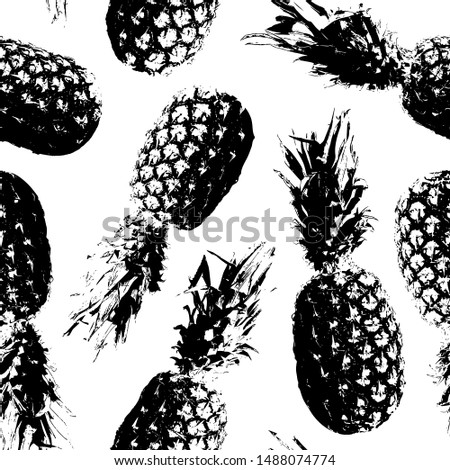 Pineapple seamless pattern. Tropical background. Contemporary fruit design. Trendy print. Modern stylish texture. Black and white pattern. Summer illustration with hand drawn pineapple