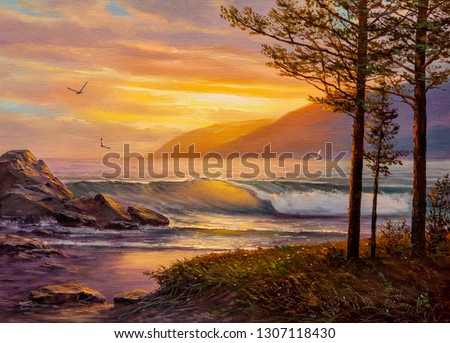 Pines on the coast of the Pacific Ocean. Oil painting.