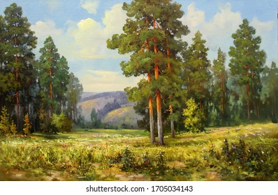 Pines And Wildflowers In A Clearing Illuminated By The Sun,oil Painting, Fine Art, Summer, Bloom, Park, Landscape, Nature