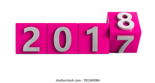 Pink 2017 box rotating to silver 2018 metal texture. New Year concept Isolated on white background. 3D Rendering, Illustration.