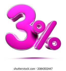 Pink 3 Percent 3d illustration Sign on White Background, Special Offer 3 percent Discount Tag, Sale Up to 3 Percent Off, share 3 percent,3 percent off storewide. With clipping path.