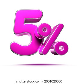 Pink 5 Percent 3d illustration Sign on White Background, Special Offer 5% Discount Tag, Sale Up to 5 Percent Off,share 5 percent,5% off storewide.With clipping path.
