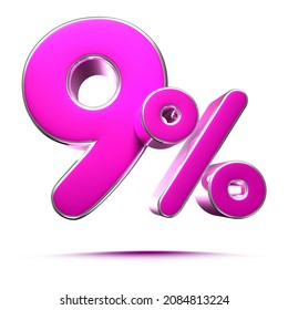 Pink 9 Percent 3d illustration Sign on White Background, Special Offer 9% Discount Tag, Sale Up to 9 Percent Off,share 9 percent,9% off storewide.With clipping path.