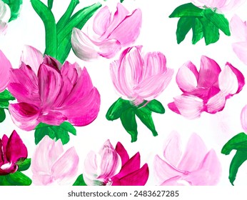 Pink abstract flowers, original hand drawn, impressionism style, color texture, brush strokes of paint, art background. Modern art.