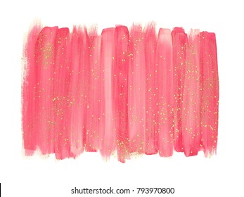 Pink Abstract Watercolor  Brush Strokes With Gold Glitter On White Background. 